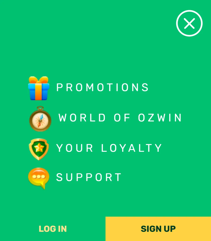 Ozwin mobile site menu with Promotions and Support above the LOG IN and SIGN UP bar
