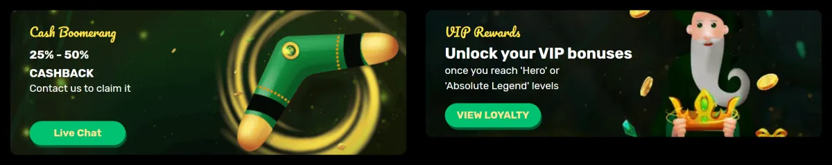 Cash Boomerang 25% to 50% cashback and VIP Rewards tiles at Ozwin Casino