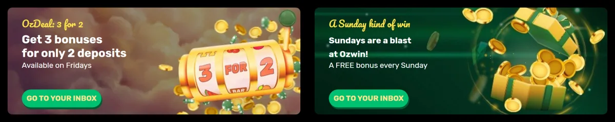 OzDeal 3 for 2 on Fridays and A Sunday kind of win free bonus tiles on the Ozwin Promotions page