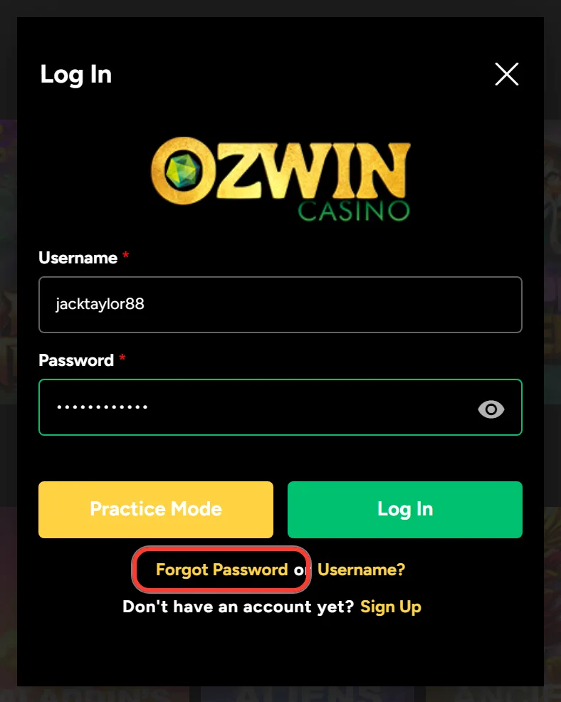 Forgot Password link highlighted under the Ozwin Casino Log In buttons