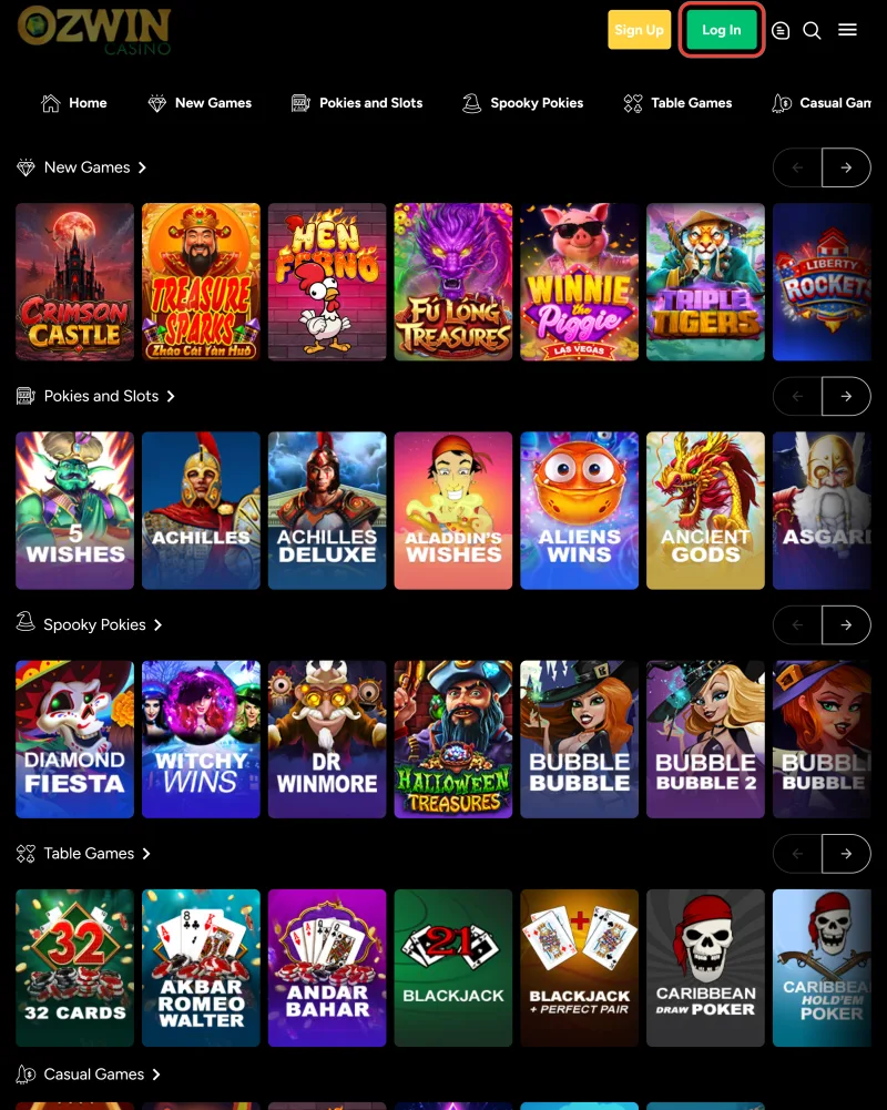 Log In button highlighted in the Ozwin Casino lobby header next to Sign Up