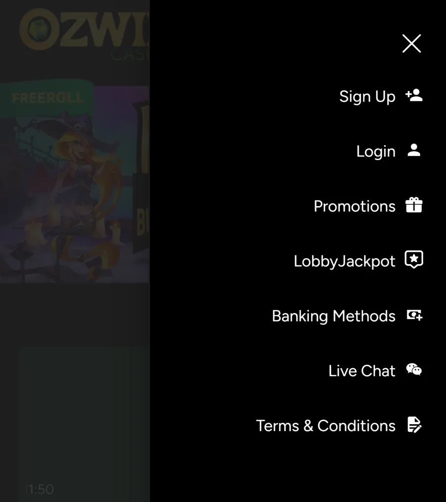 Ozwin mobile lobby burger menu with Login, Promotions, Banking Methods and Live Chat