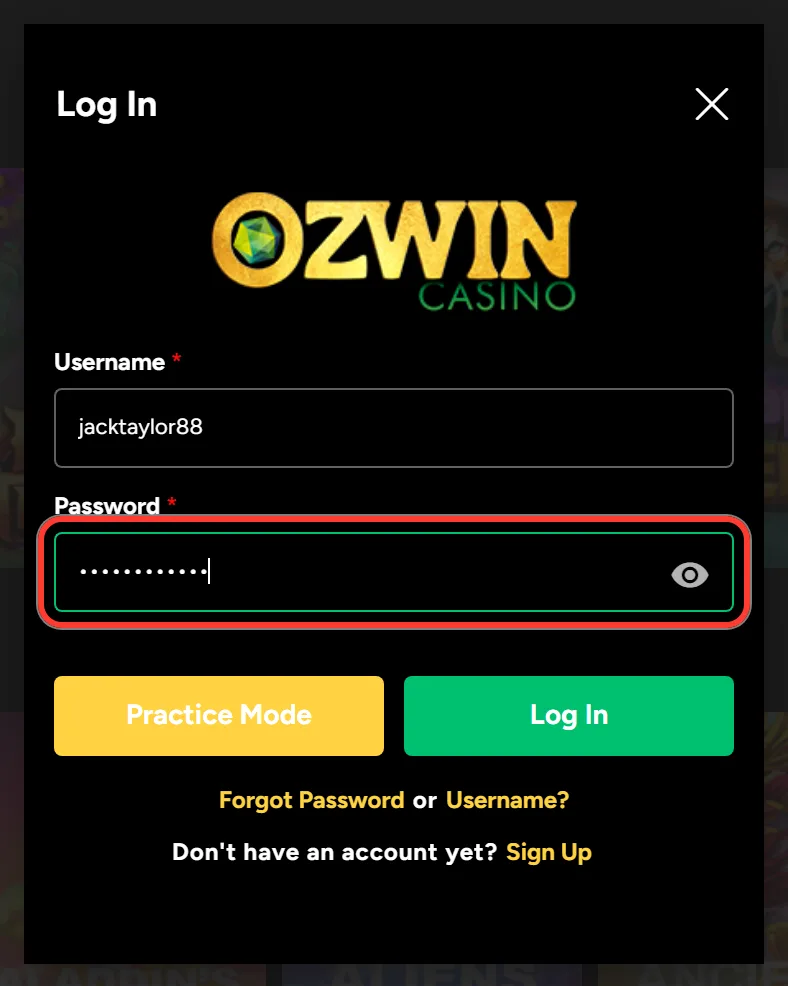 Password field with the eye icon highlighted in the Ozwin login window