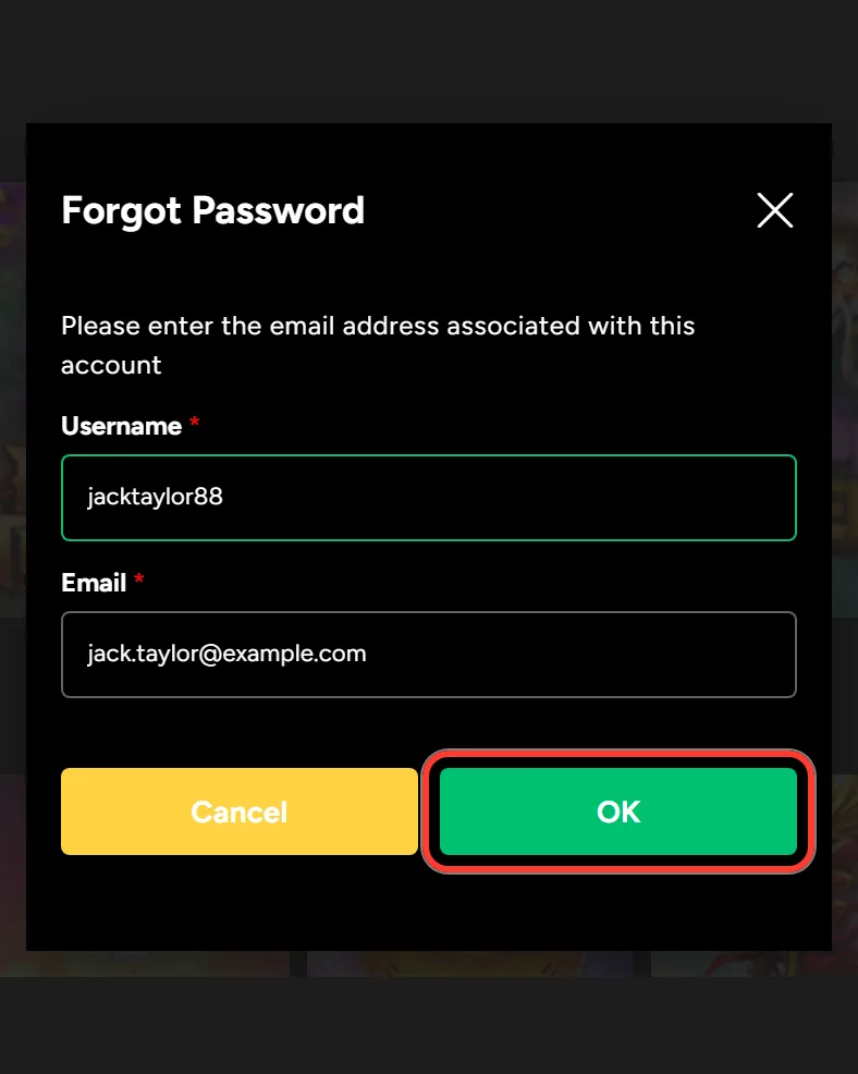 OK button highlighted to send the Ozwin password reset request