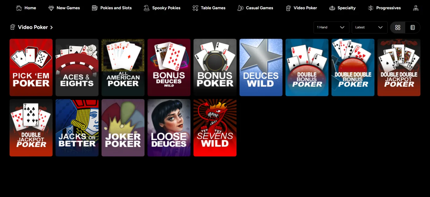 Video Poker tab in the Ozwin RTG lobby with Jacks or Better, Deuces Wild and Joker Poker