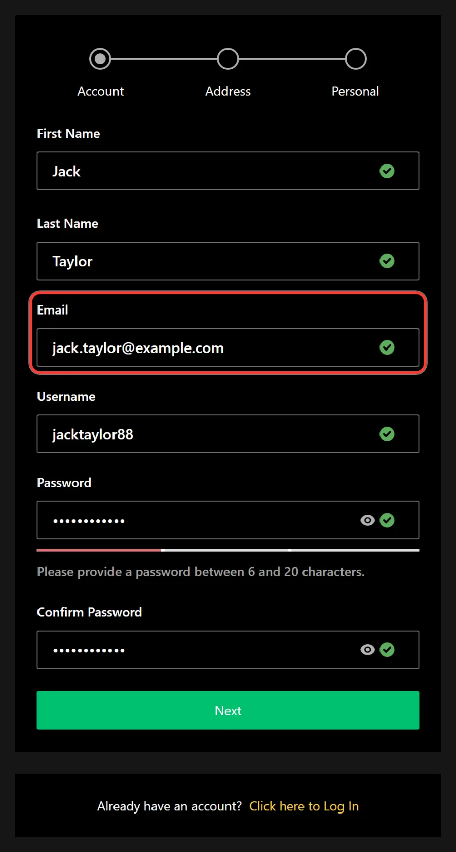 Email field highlighted in the Account window of the Ozwin sign up form