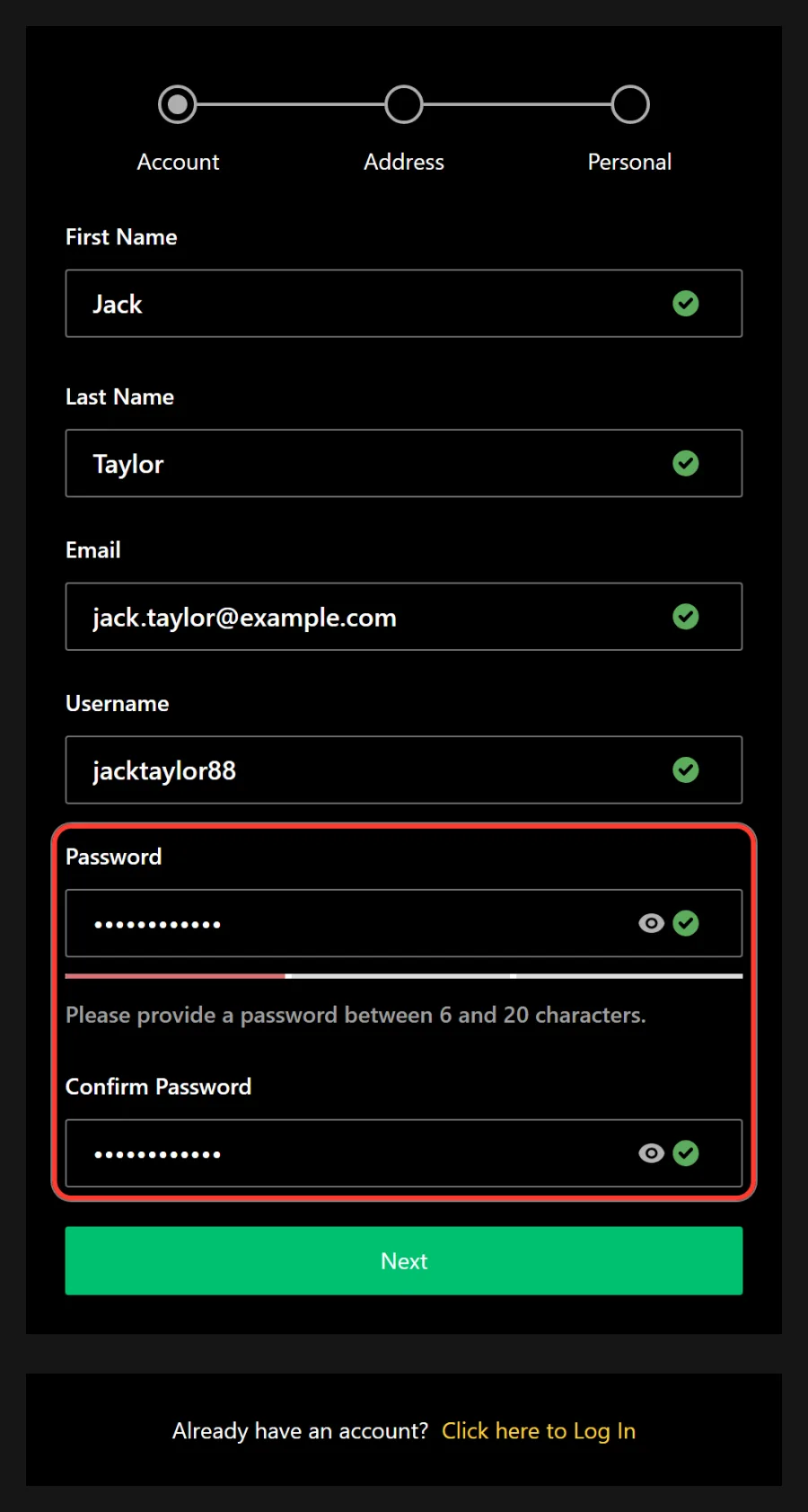 Password and Confirm Password fields with the 6 to 20 character hint