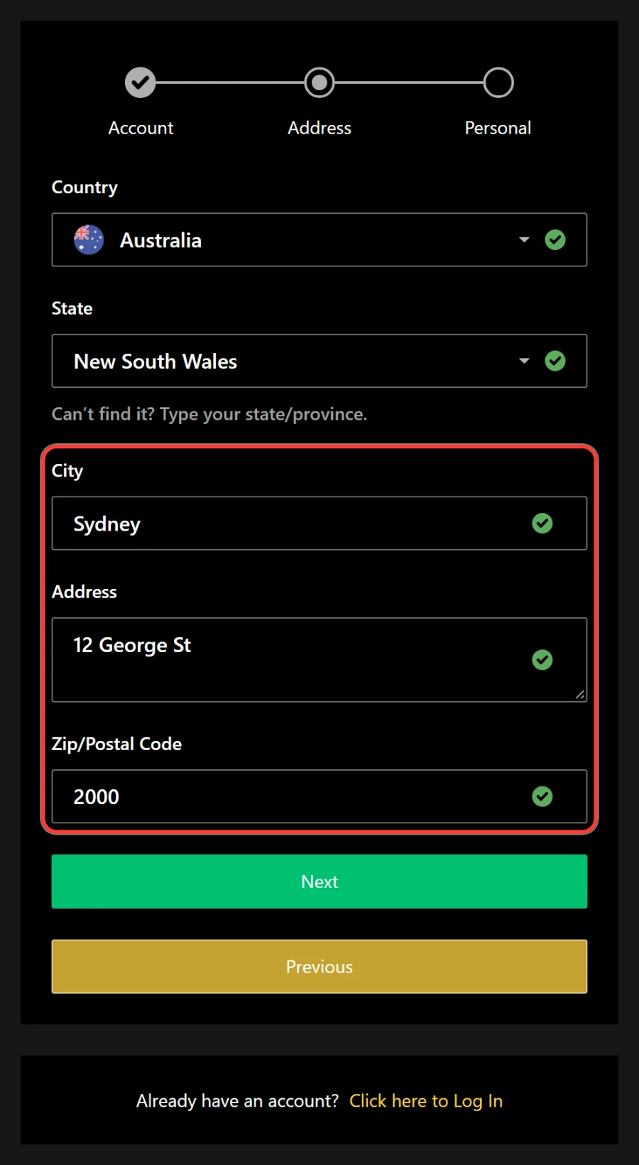 City, street address and postcode fields in the Address window