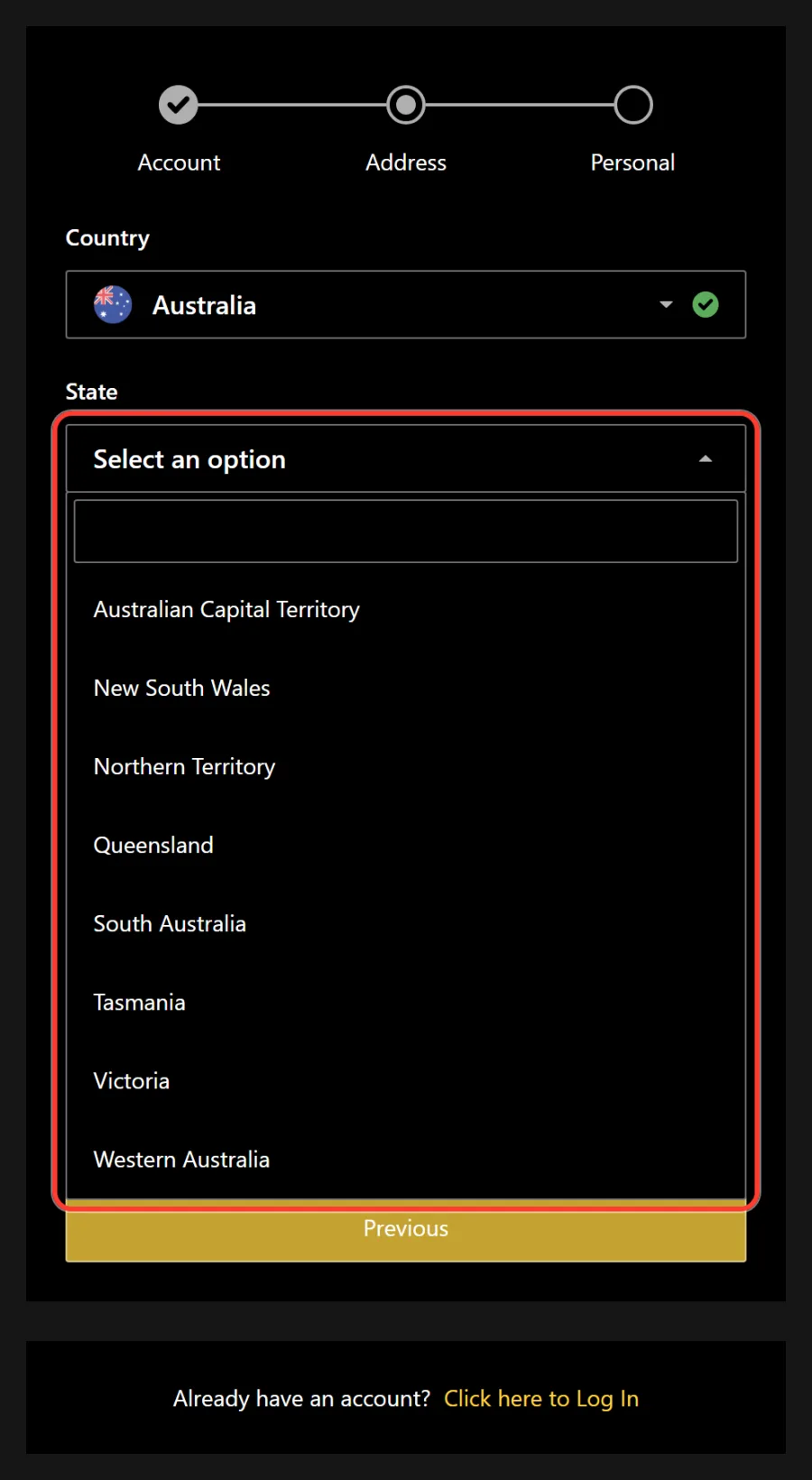 State list in the Address window showing all eight Australian states and territories