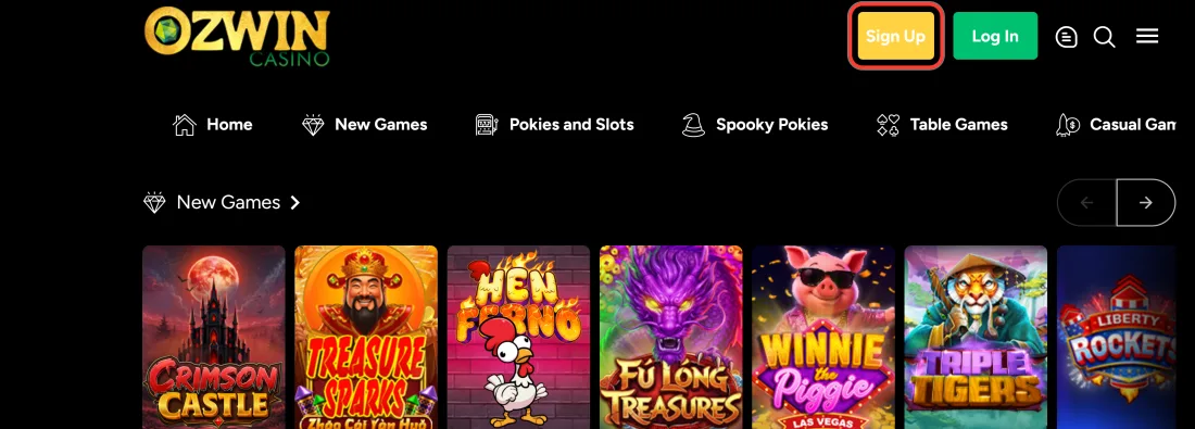 Ozwin Casino lobby header with the logo and the Sign Up button highlighted next to Log In