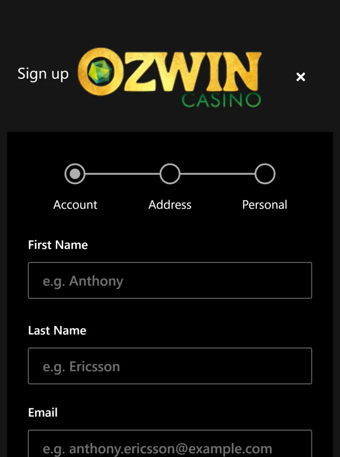 Ozwin casino sign up on a phone: Account window of the mobile form