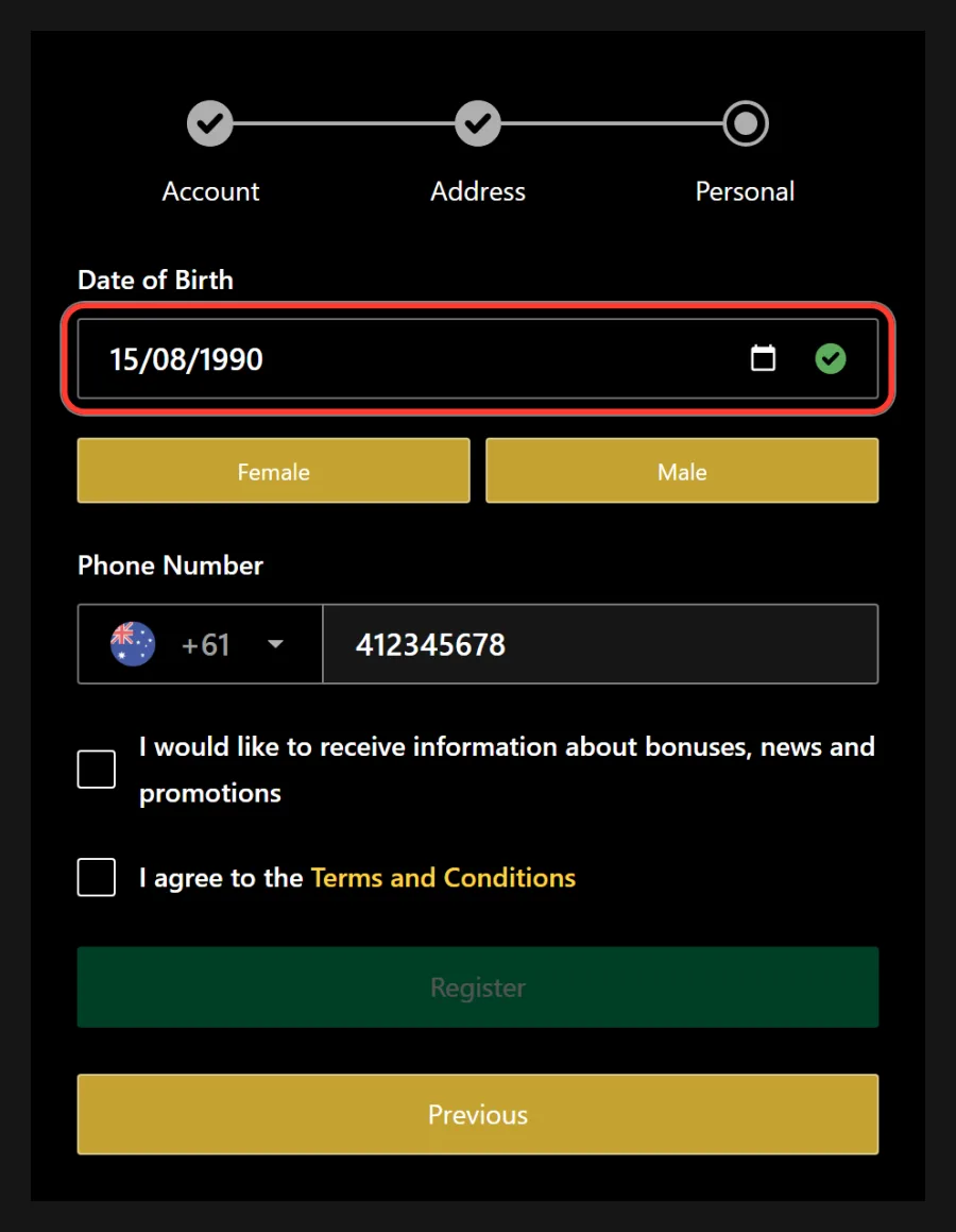 Date of birth field in dd/mm/yyyy format in the Personal window