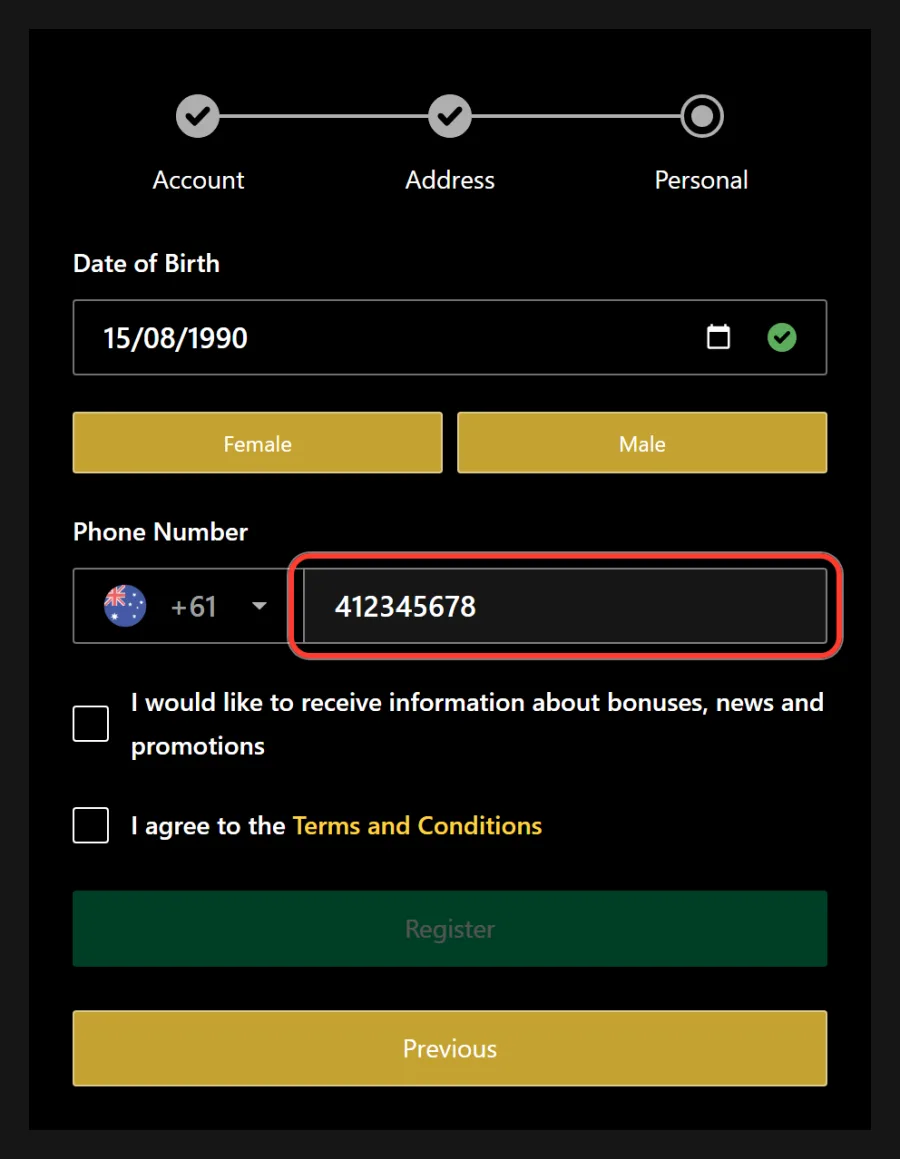 Mobile number field after the +61 Australian code