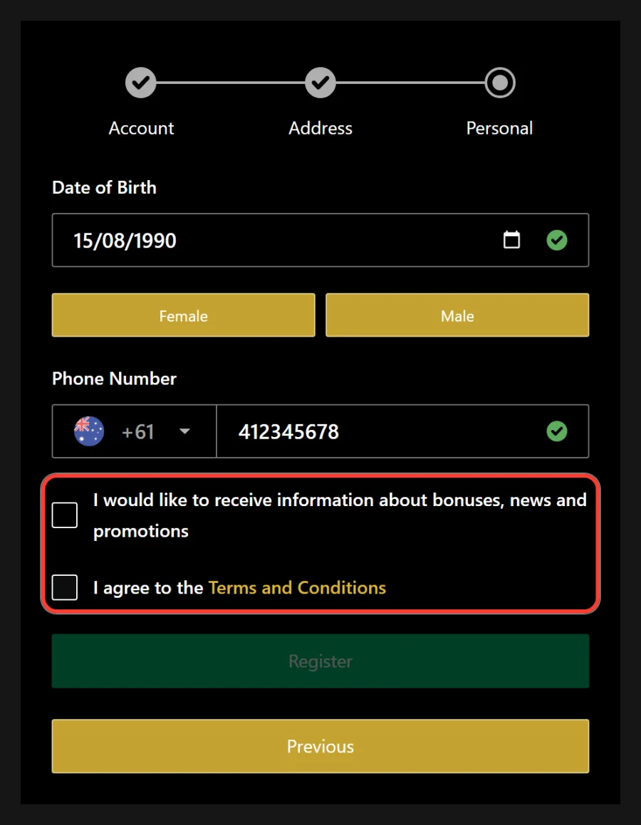 Promotions email box and Terms and Conditions box above the inactive Register button