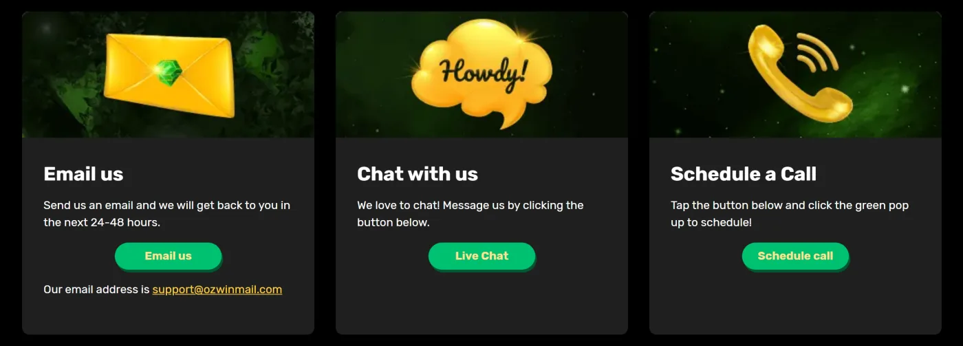 Ozwin support options: Email us, Chat with us and Schedule a Call cards