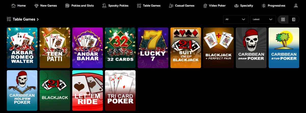 Table Games tab at Ozwin with blackjack, Teen Patti, Andar Bahar and Caribbean poker