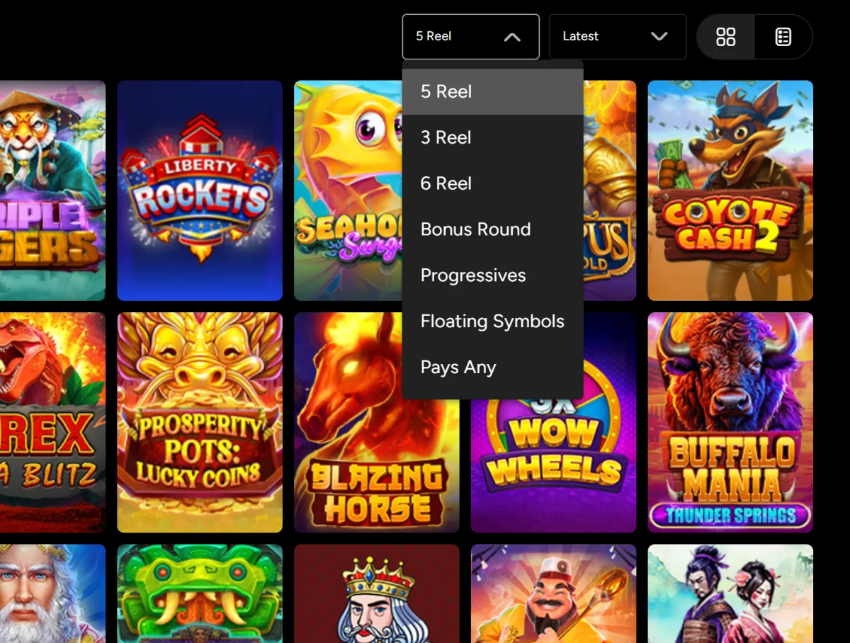 Pokie filter list in the Ozwin lobby: 3 Reel, 5 Reel, 6 Reel, Bonus Round and Pays Any