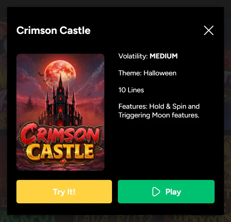 Crimson Castle game card showing volatility, theme, lines and features