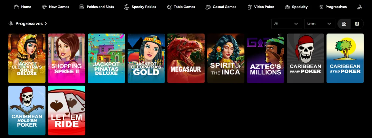 Progressives tab in the Ozwin lobby with 11 jackpot pokies and table games
